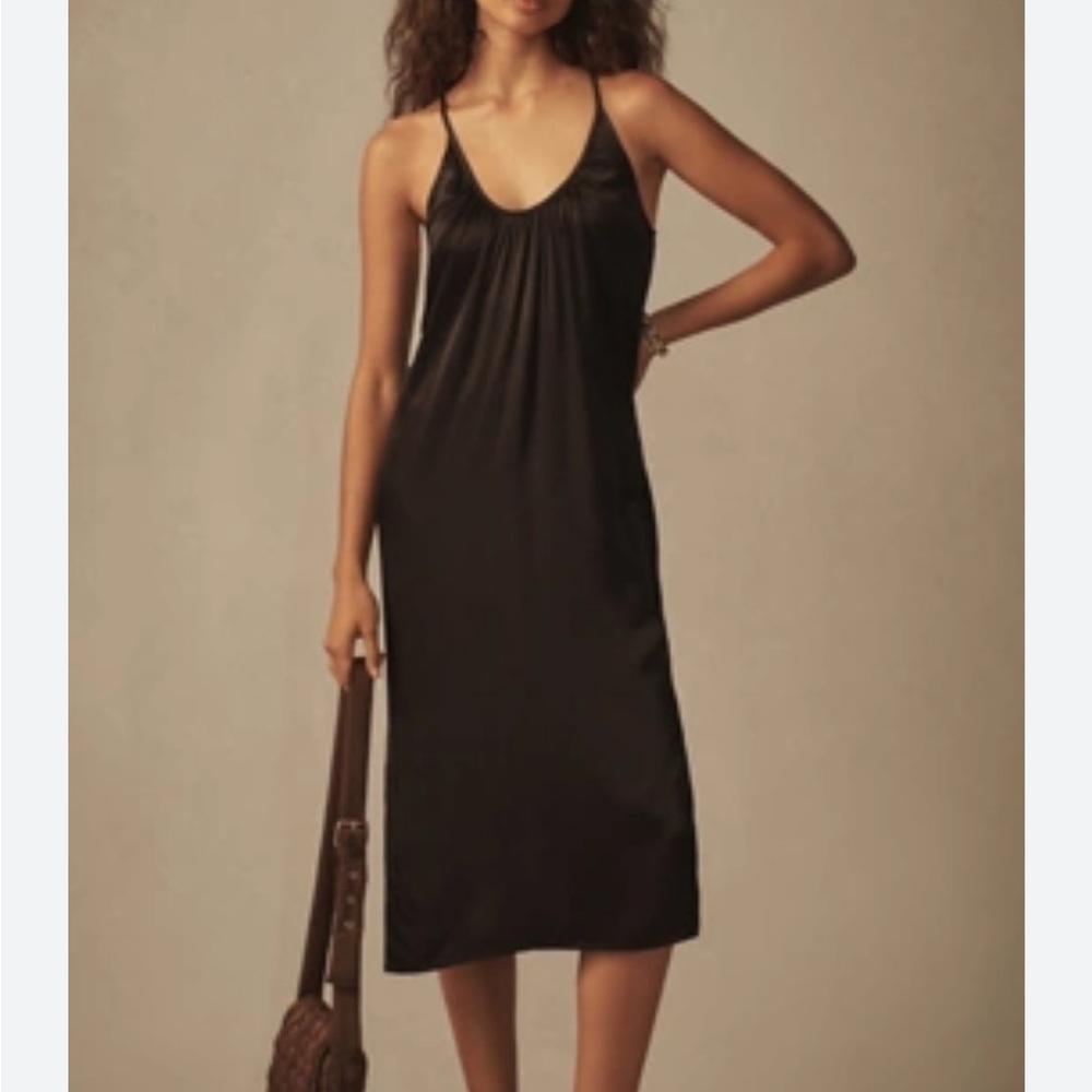 Nation Liliana Midi Dress Black U Neck Tank Dress LBD Satin Slinky Sz M NEW